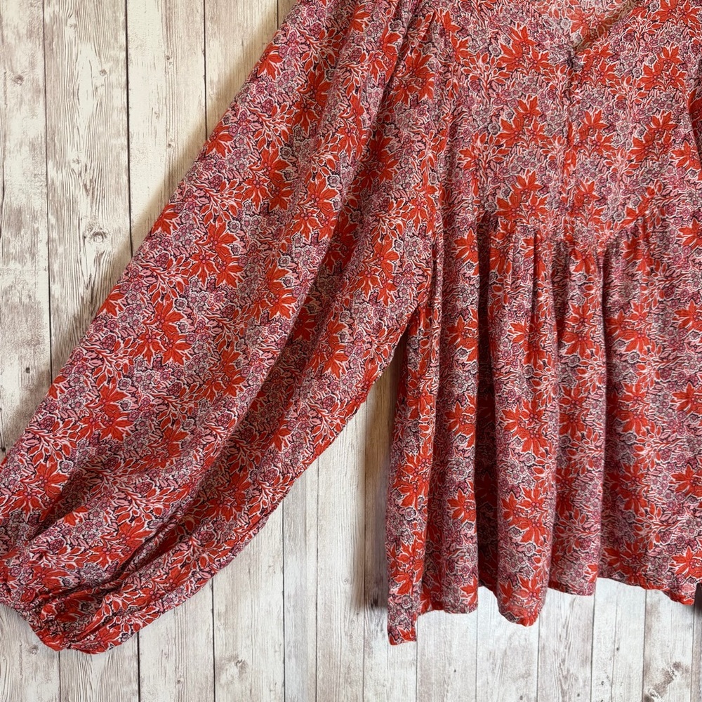 Solitaire Red Floral Boho Peasant Blouse Balloon Sleeve Medium - Picture 6 of 10